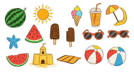 A collection of summer themed icons including watermelon, ice cream, and beach accessories scattered around