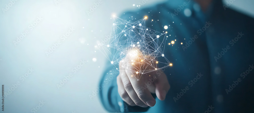 Poster businessman touching a digital icon of a global network and data transfer on a screen, with a techno