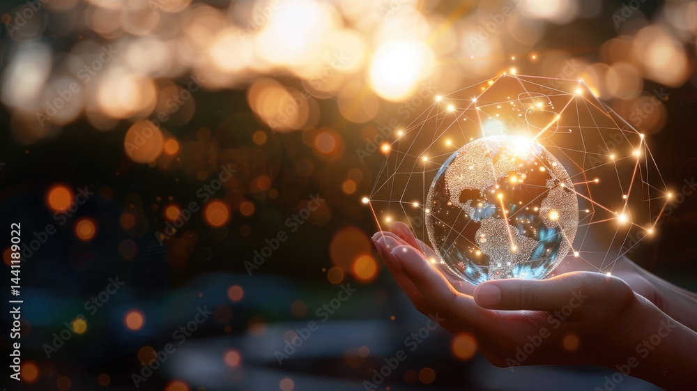 Poster hand holding digital representation of earth with glowing connections. close up of business man hand