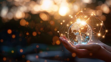 Hand holding digital representation of Earth with glowing connections. Close up of business man hands holding glowing globe with networking people. Technology and global communication concept. AIG53.