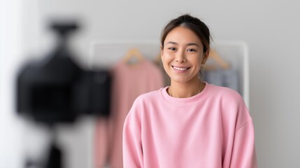 Asian woman influencer seller broadcast live streaming to sell clothes for online social marketing.