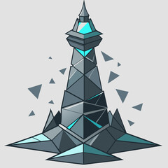 Lighthouse surrounded by broken pieces of ice, showcasing a stark winter landscape.