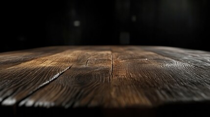 Rustic wooden table top.  Close-up view of a dark brown wooden surface, with visible wood grain and texture.  The table appears round or slightly oval, and the focus is on the top surface.