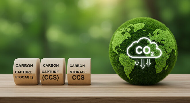 Entrepreneurship, startup, corporate carbon capture and storage concept with wooden blocks and earth globe on a wooden surface against green