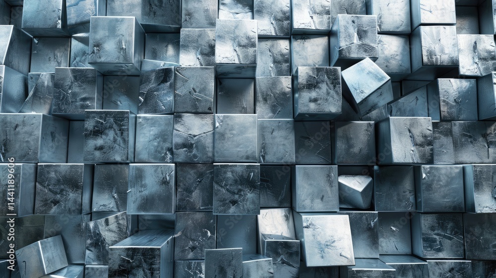 Poster abstract metallic geometric blocks in grey and gold. abstract artwork of 3d rendering art with geome