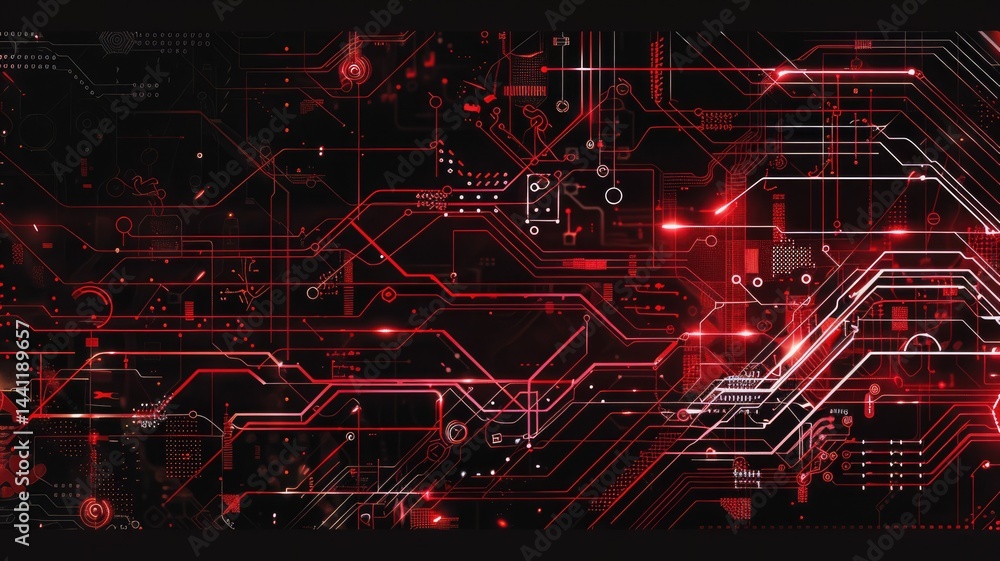 Poster abstract red circuit board pattern with glowing lights on dark background. the red hues and light ef