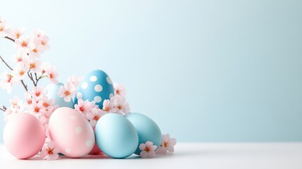 Obraz premium Colorful Easter eggs nestled among delicate pink cherry blossoms on a minimalist white surface, soft pastel background, and springtime celebration concept.