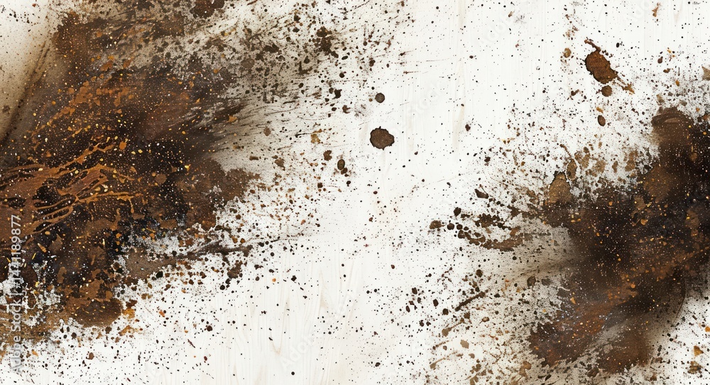 Poster abstract splattered brown and black paint on a white background with dynamic energy and chaotic text