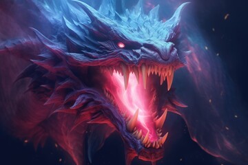 The close up picture of the fantasy dark dragon is opening the mouth to preparing to bite the enemy, dragon is legendary creature appear in folklore cultures often depicted as large serpentine. AIG51.