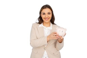 Businesswoman smiling and holding piggy bank promoting saving and financial responsibility, on transparent background