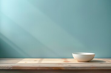 Minimalistic wooden table with a single white ceramic bowl casting soft shadows on a pale blue wall under gentle natural light