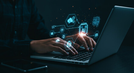 Entrepreneurship, startup, corporate a person typing on a laptop with ai icons and digital interface elements overlaid on the image showing ai use