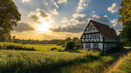 Rustic farmhouse at sunset