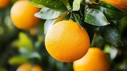Closeup of Bright Orange Fruit with Green Leaves on Branch in Natural Setting