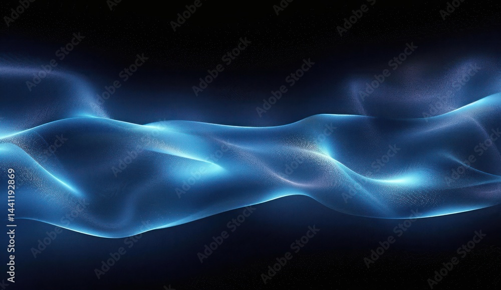 Poster smooth flowing blue light wave with glowing, translucent textures on a dark background creating a ca