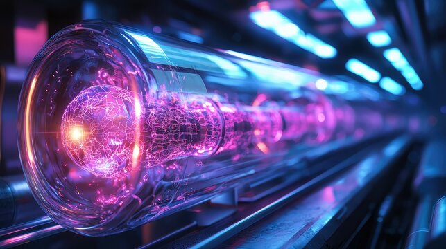 A cybernetic organism being tested in a glowing tube inside a sci-fi laboratory. - Powered by Adobe