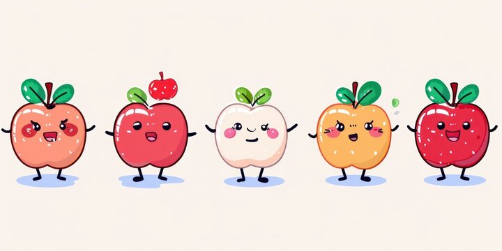 Five cute cartoon apples and one small apple with different facial expressions smiling and standing on a light background
