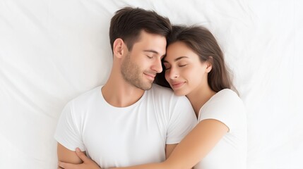Couple enjoying a moment of intimacy while lying on a white bed in a cozy bedroom setting.