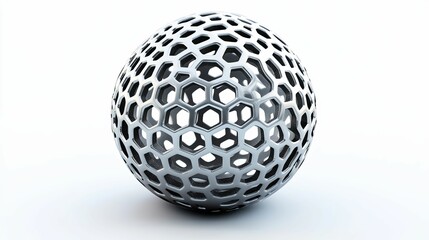 Metallic sphere with intricate honeycomb design.