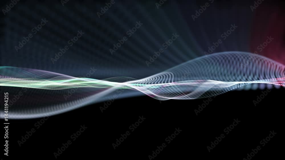 Poster fantastic video animation with particle wave object in slow motion, 4096x2304 loop 4k