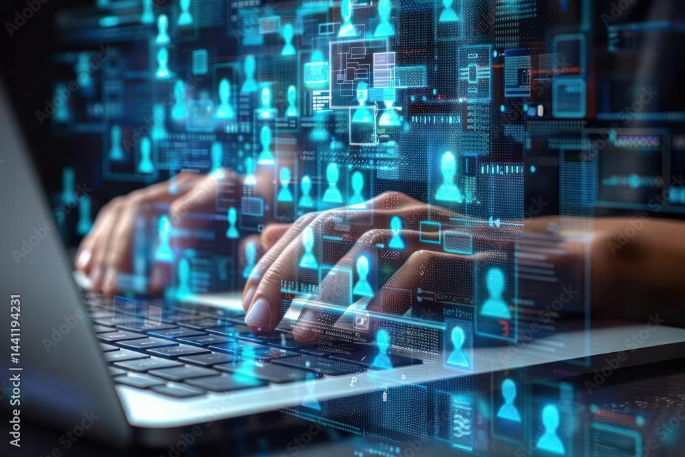 Poster close-up of hands typing on a laptop keyboard surrounded by floating digital icons representing user