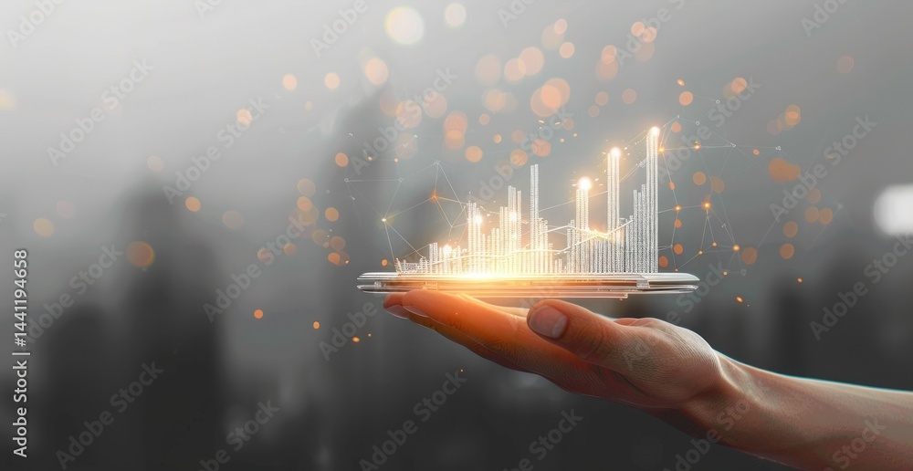 Poster hand holding a smartphone displaying glowing digital bar graphs and interconnected network nodes aga