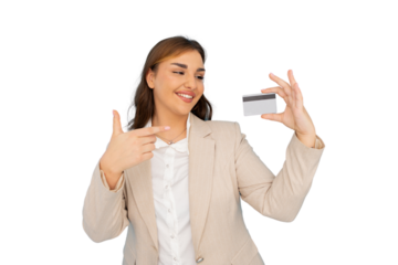Businesswoman pointing at credit card with transparent background, suggesting online shopping or cashless transactions