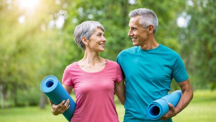 Obraz premium A man and a woman are standing together, each holding a yoga mat, in a park.