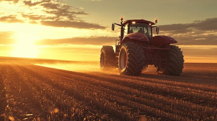 Obraz premium A tractor traverses a golden field at sunset.