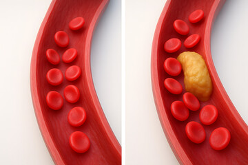 3D comparison of healthy artery vs clogged artery — symbolic image of cardiovascular health and disease