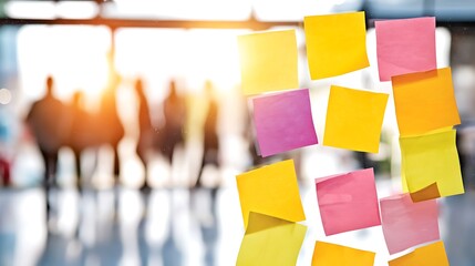 Colorful sticky notes on glass, blurred people in background