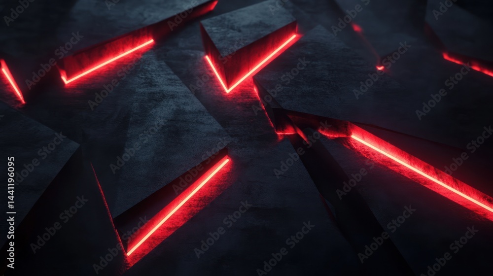 Poster abstract neon triangular shapes with red glow against dark background. background is textured. use t