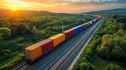 Colorful freight train on railway tracks through a lush forest at sunset.