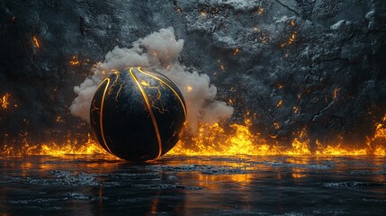 A dramatic, glowing basketball surrounded by fire and smoke.