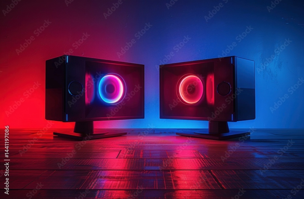 Poster two modern translucent computer cases with colorful circular cooling fans glowing blue and red on wo