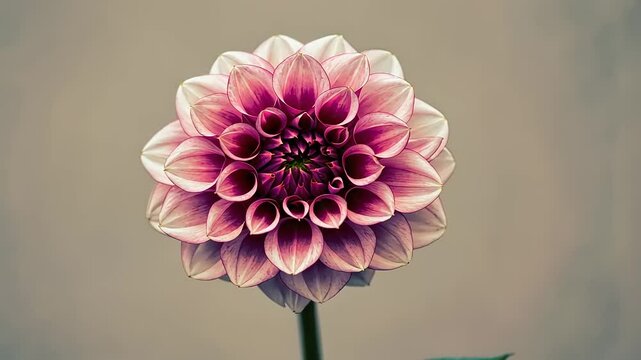 Beautiful dahlia flower in full bloom showcasing vibrant pink and white petals against a neutral backdrop