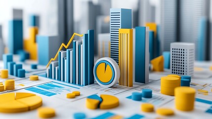 3D-rendered cityscape with skyscrapers in blue and yellow, featuring a pie chart in the foreground