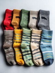 Colorful assortment of patterned socks arranged in a neat layout.