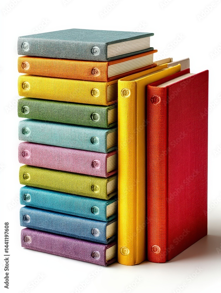 Poster stack of colorful notebooks showcasing various textures and designs.