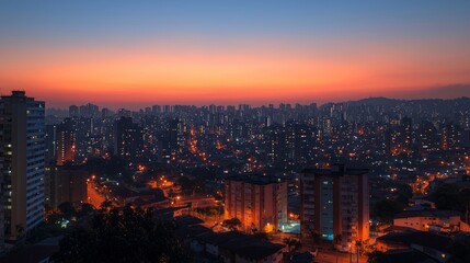 Obraz premium Vibrant Urban Sunset Over Cityscape with Lights and Skyscrapers