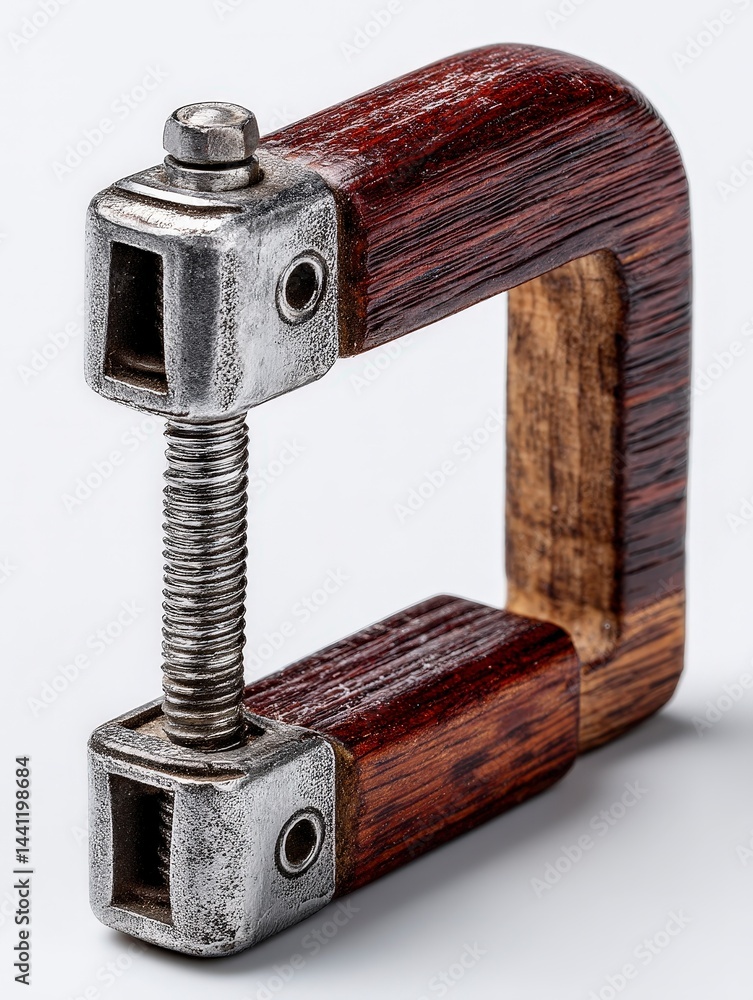 Poster wooden clamp with metallic elements, used for securing objects in place.