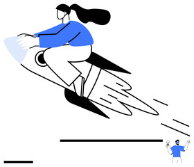 Female riding rocket signifying ambition, progress, success, and innovation while a small figure observes, offering perspective. Ideal for business growth, startup, career progress, marketing ideas