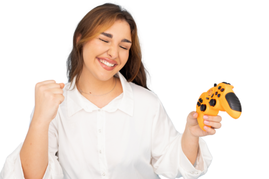 Female gamer rejoicing, gripping gaming controller, celebrating winning moment, white backdrop