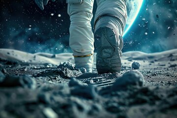 close-up view of an astronaut's boots making footprints on a rocky moon-like surface with a distant planet and stars in the background, evoking exploration and discovery