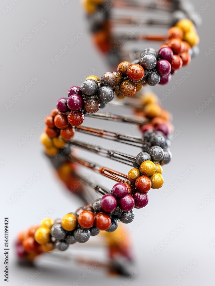 Poster dna double helix with colorful molecular structures and a blurred background.