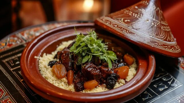 Traditional Moroccan tajine with beef, dried fruit, and couscous in ceramic serving dish.