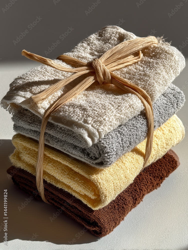 Poster stack of neatly folded towels tied with twine in neutral colors.