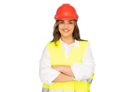 Confident female architect smiling with crossed arms, wearing safety vest and hardhat, on transparent background