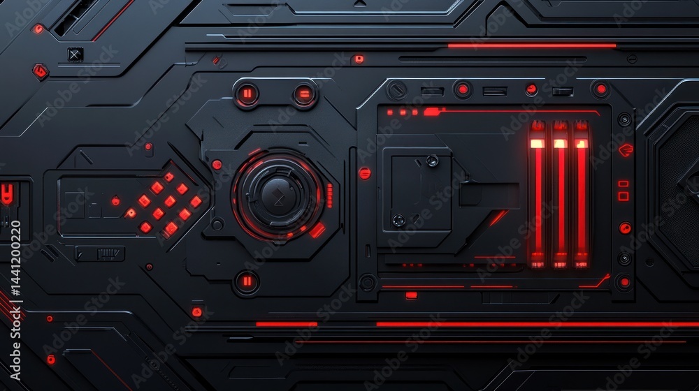 Poster futuristic, high-tech machinery in operation with red accents, creating abstract design elements for