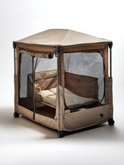 Portable playpen with mesh sides and a canopy, designed for infants and toddlers.